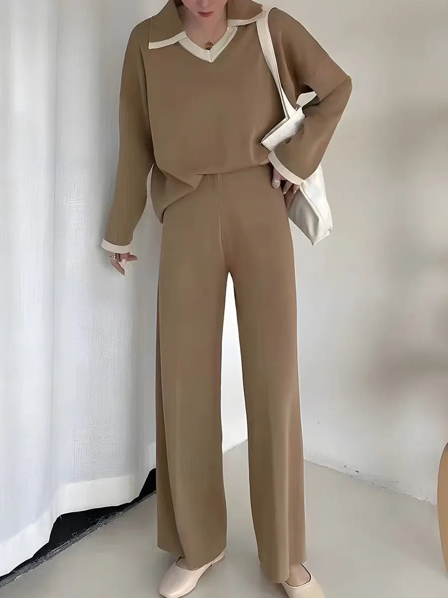 Knit Turndown Collar Sweater And Straight Pants Sets