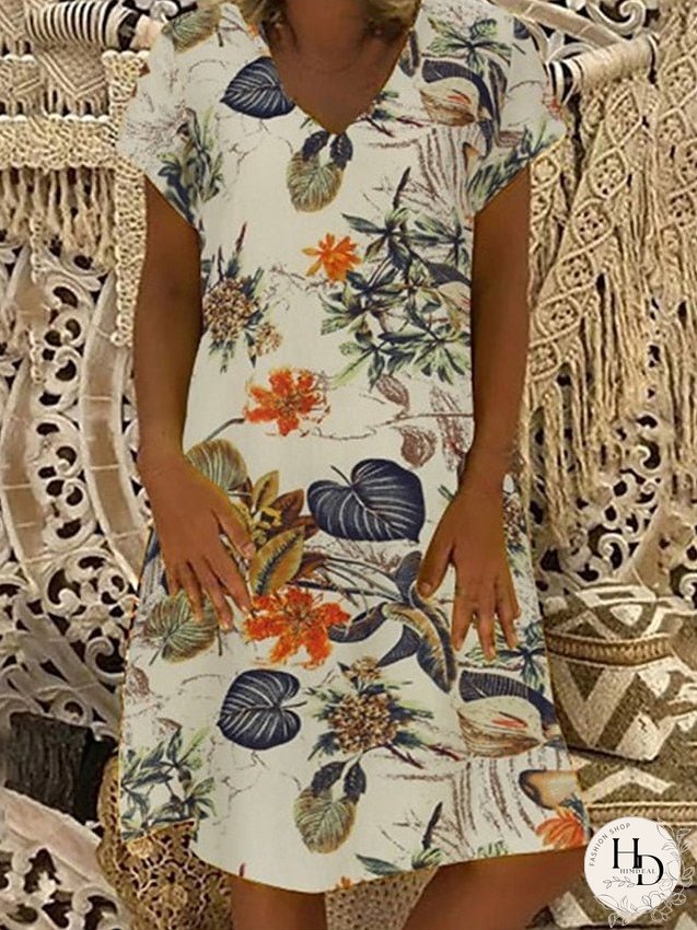 Cotton Linen Dress Casual Dress Midi Dress Cotton Blend Basic Classic Outdoor Daily Vacation V Neck Print Short Sleeve Summer Spring Loose Fit Apricot Leaf Floral M L XL 2XL for Women