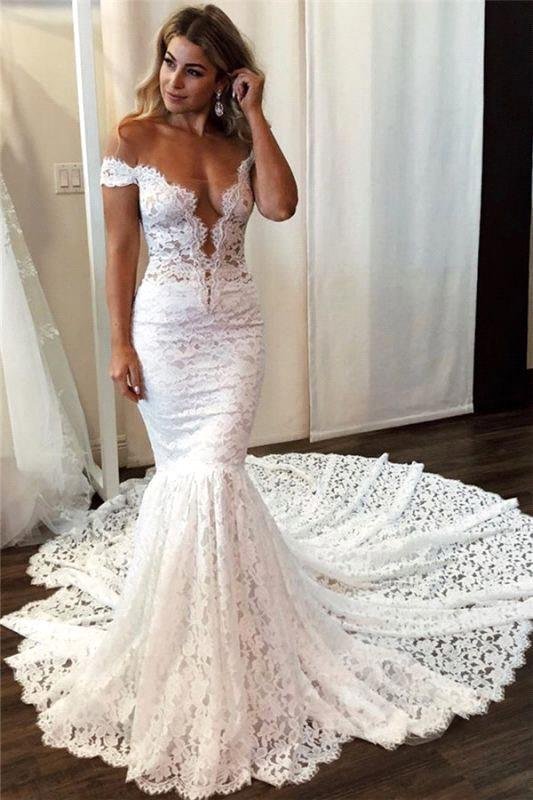 Luluslly Modest Off-the-Shoulder Mermaid Wedding Dress Lace Appliques