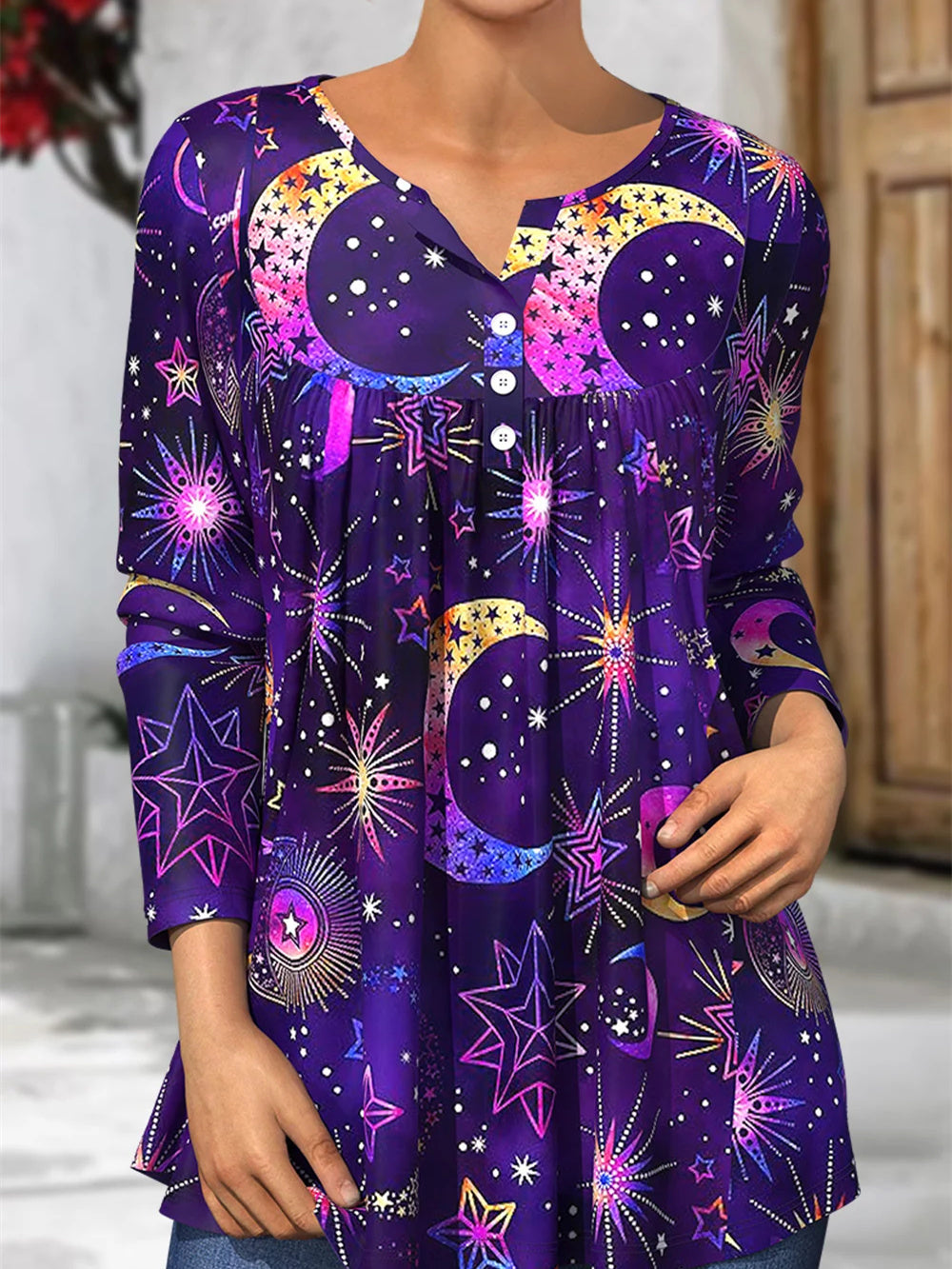 Women Long Sleeve V-neck Graphic Floral Printed Top