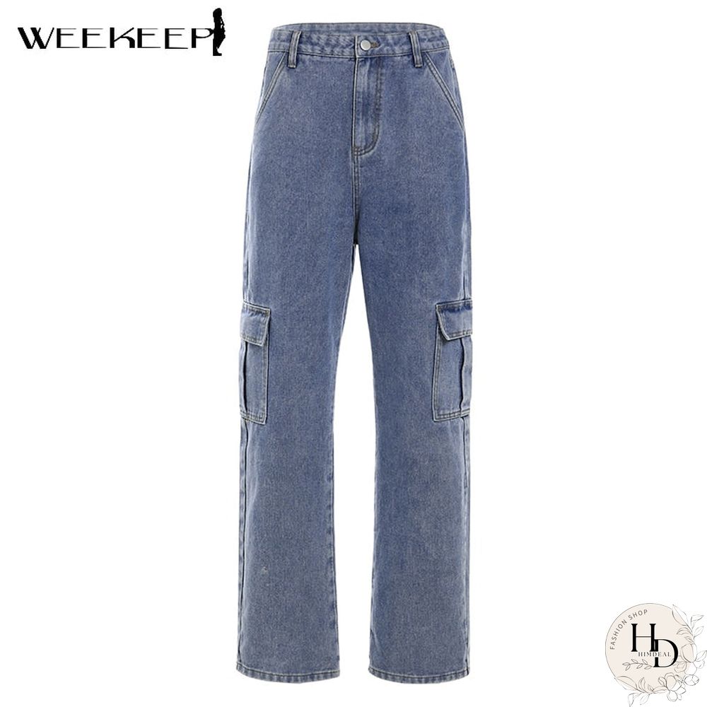 High waist jeans women streetwear straight leg jeans women blue 100 cotton cargo pants