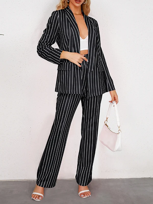 Long Sleeves Loose Pockets Striped Lapel Blazer Outerwear + Suits Bottom Two Pieces Set