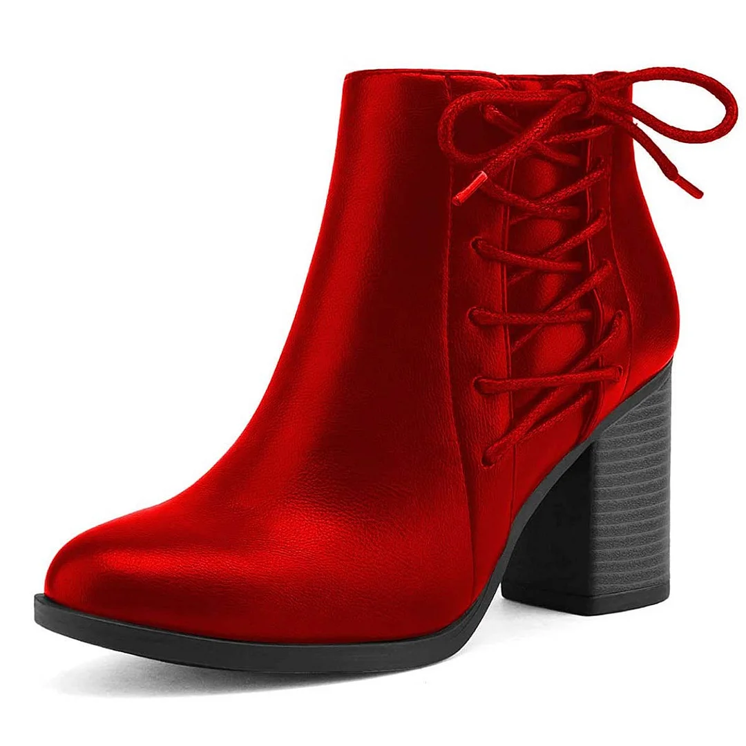 Red Metallic Finish High Heel Ankle Lace-Up Boots with Zipper