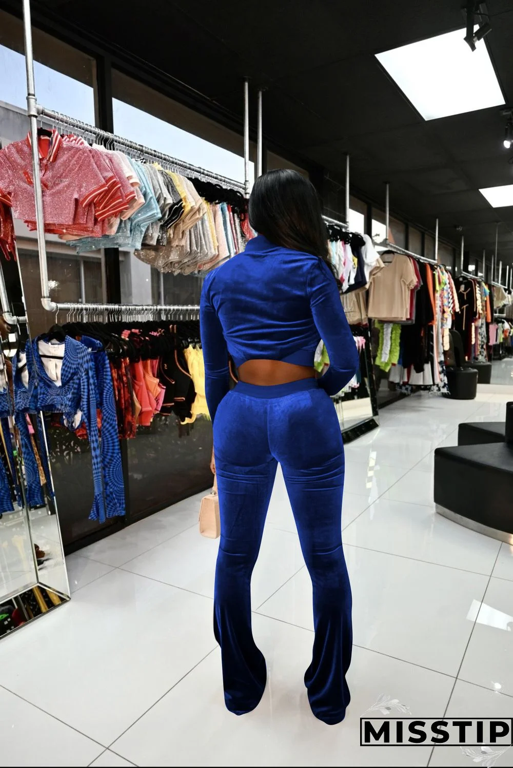 Velvet Solid Zip Jacket Crop Top Flared Pants Set