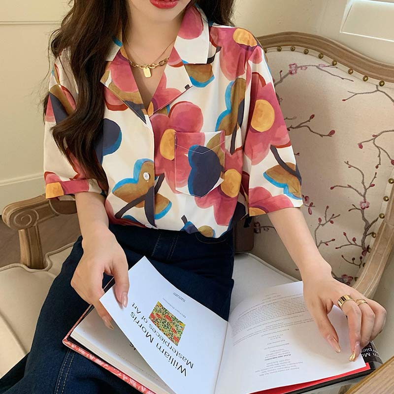 Vintage Floral Print Pocket Loose T-Shirt