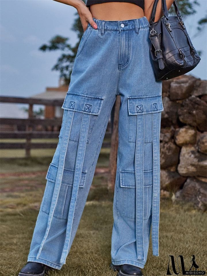 MidiSono - Retro Personality Lady Ribbon Design Denim Trouser