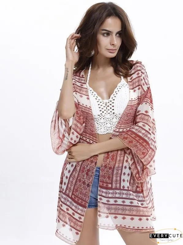 Popular 3/4 Sleeve Printed Shirt Shawl Cover-up Tops