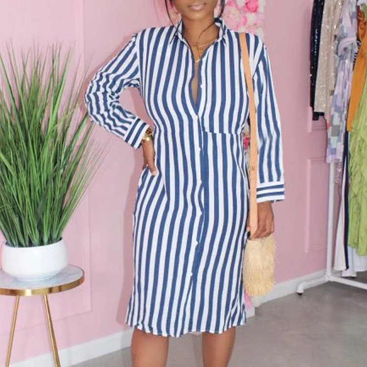 Striped Pattern Long Sleeve Buttoned Shirt Dress - IRBOOM Fashion Clothing