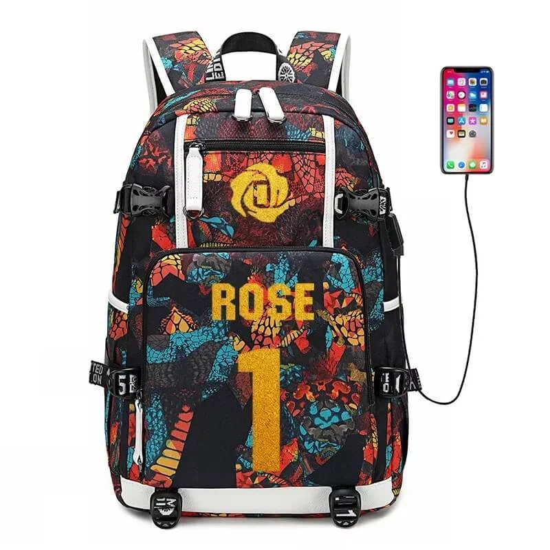 Buzzdaisy Detroit Basketball Pistons Rose USB Charging Backpack School NoteBook Laptop Travel Bags