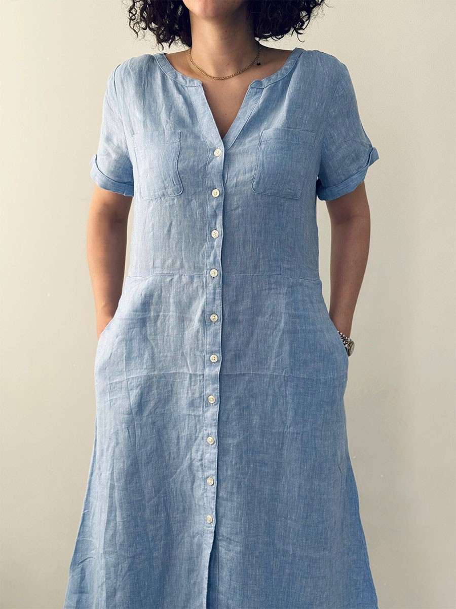 Cotton and linen V-neck double pocket dress