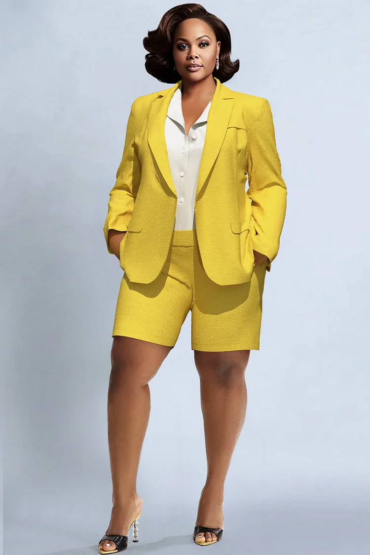 Xpluswear Design Plus Size Business Casual Yellow Turndown Collar Short Sleeve Pocket Two Piece Short Sets [Pre-Order]