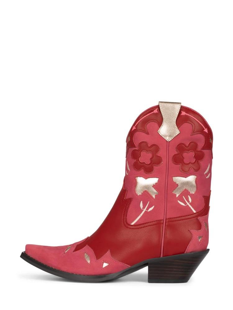 Metallic Bright Flowers Patchwork Pointed-Toe Chunky Heel Booties