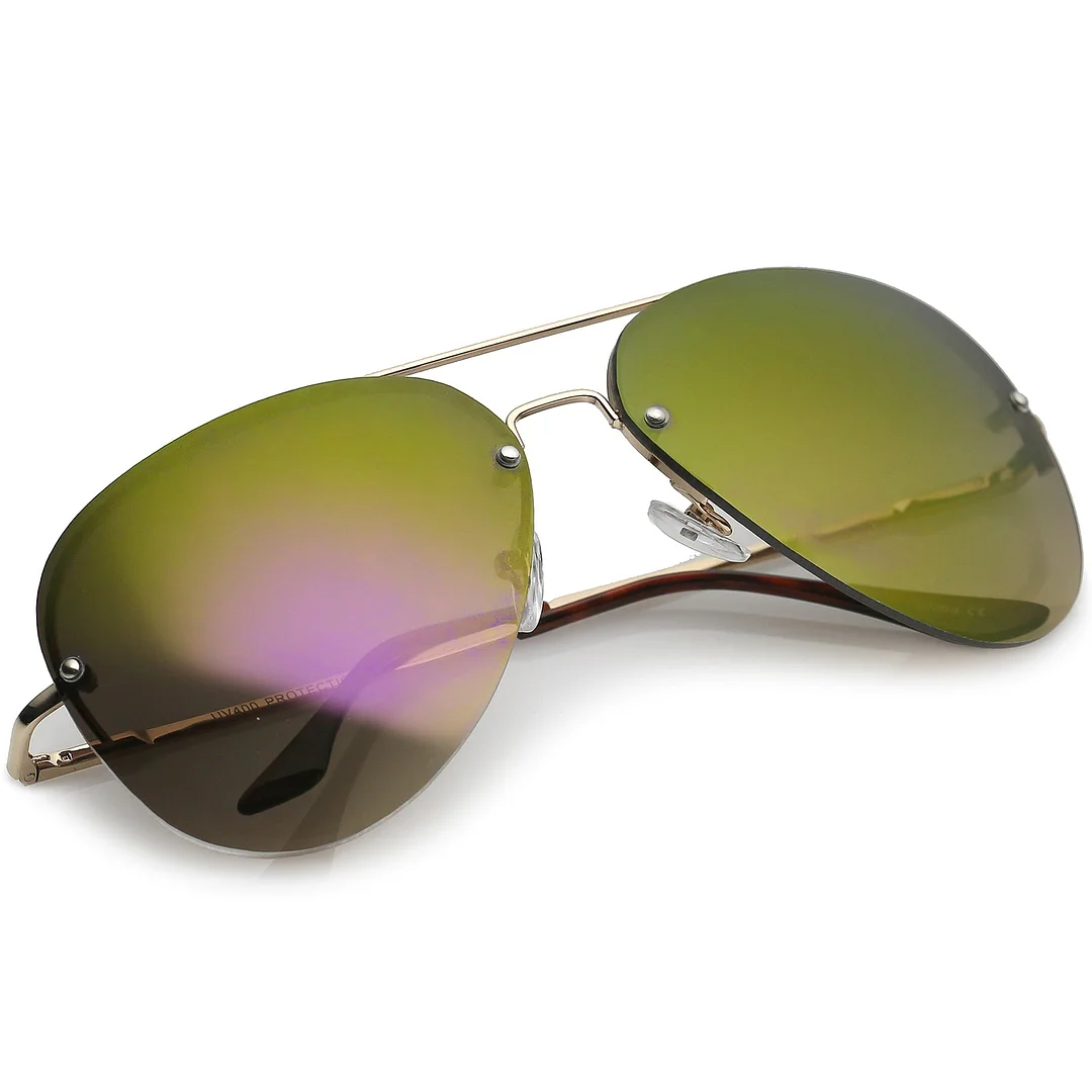 Oversize Rimless Aviator glasses Teardrop Mirrored Lens Metal Slim Arms 65mm
