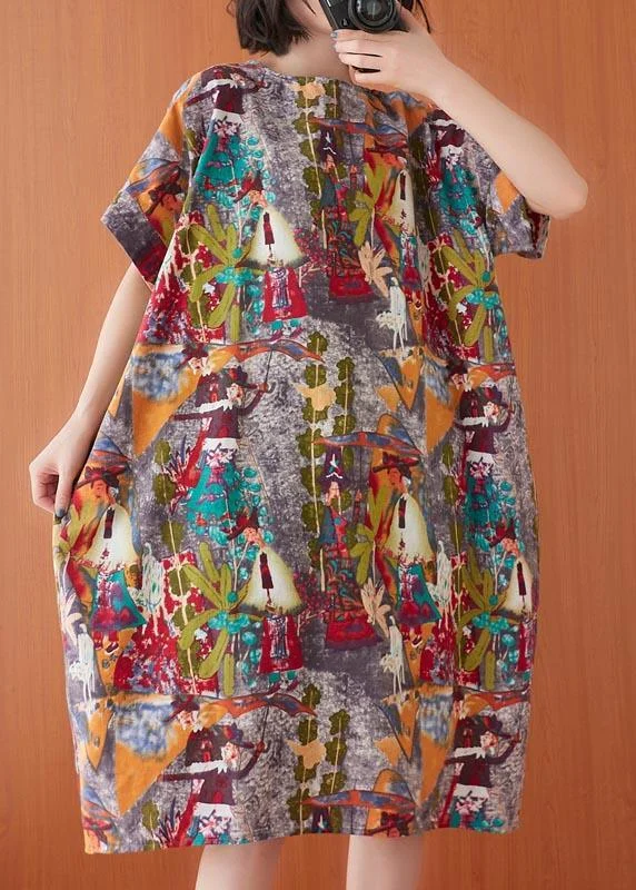 Women Print O-Neck Cotton Linen Party Dress Summer ( Limited Stock)