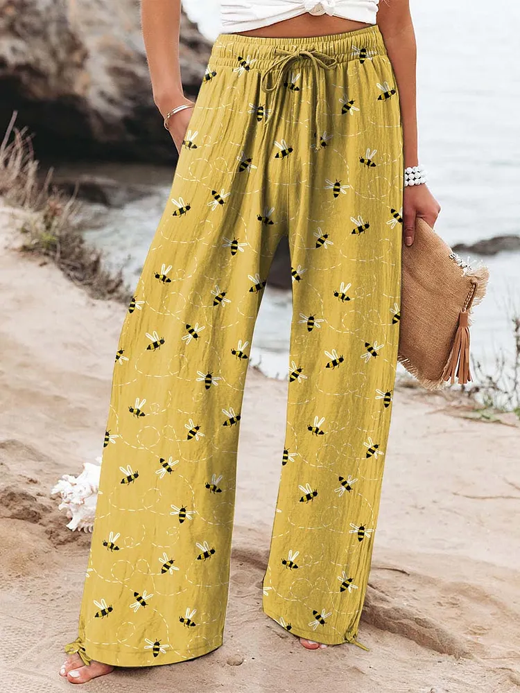 Women's Lovely Bees Art Printed Cotton And Linen Casual Pants