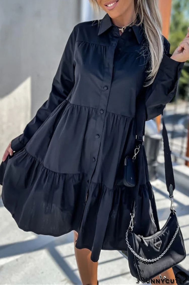 Casual Buckle Turndown Collar Shirt Dress Dresses(4 Colors)