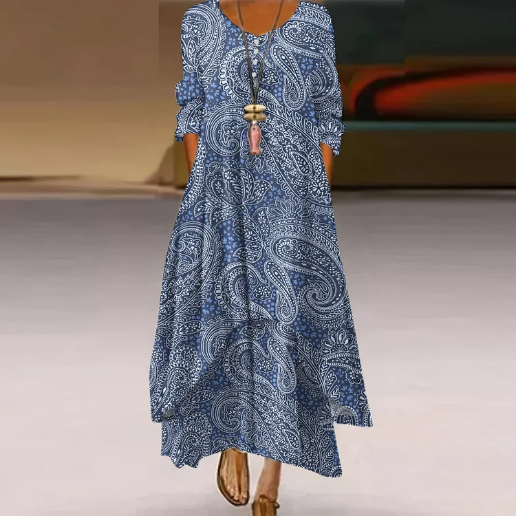 Vintage Ethnic Paisley Aztec Geometric Pattern Flowy Maxi Long Dress