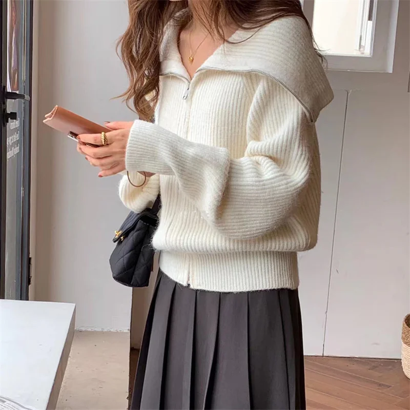 Ueong Ueong Lazy Wind Big Lapel Cardigan Zipper Jacket Women's Autumn And Winter New Wide Soft Waxy Sweater Top