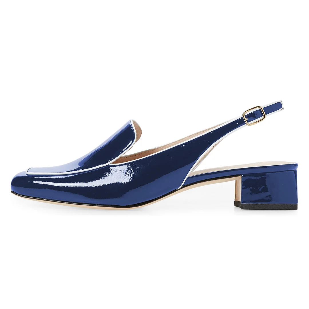 Blue Patent Leather Square Toe Slingback Loafers with Chunky Heels