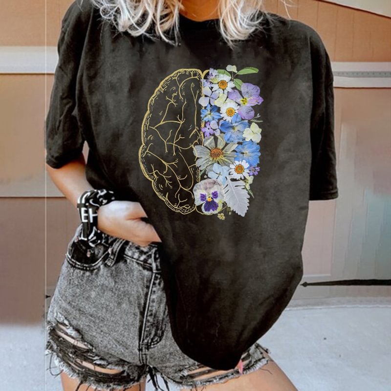 Designer brain flower print loose ladies T-shirt