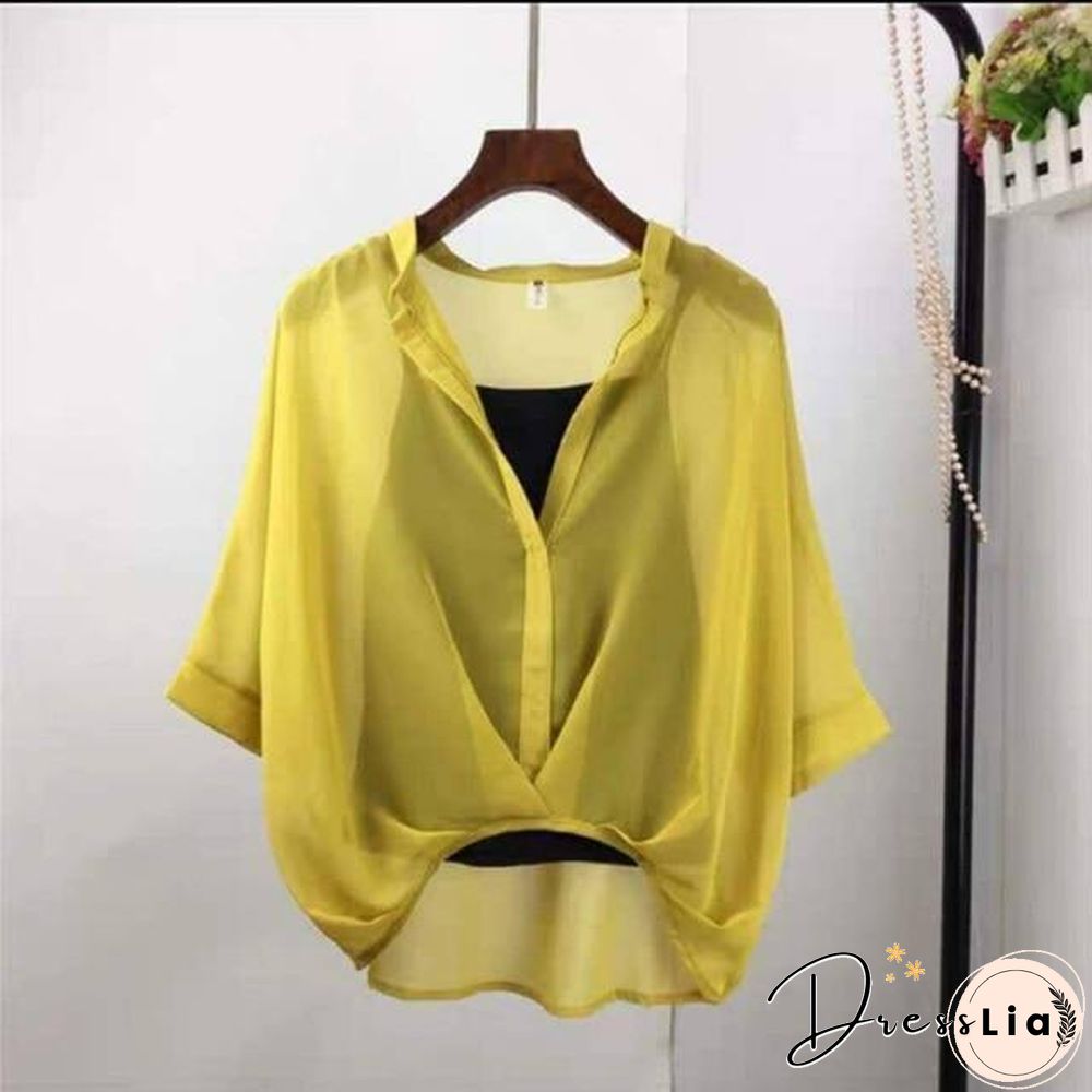 Ladies Two Piece Set Leopard Chiffon Shirts Summer Half Sleeve Loose V-Neck Women Casual Blouse Sexy Plus Size Striped Tops