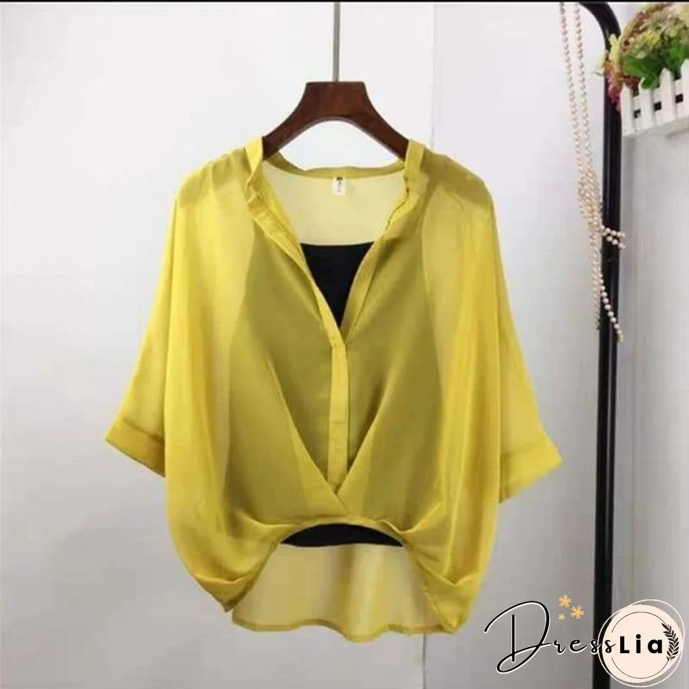 Ladies Two Piece Set Leopard Chiffon Shirts Summer Half Sleeve Loose V-Neck Women Casual Blouse Sexy Plus Size Striped Tops