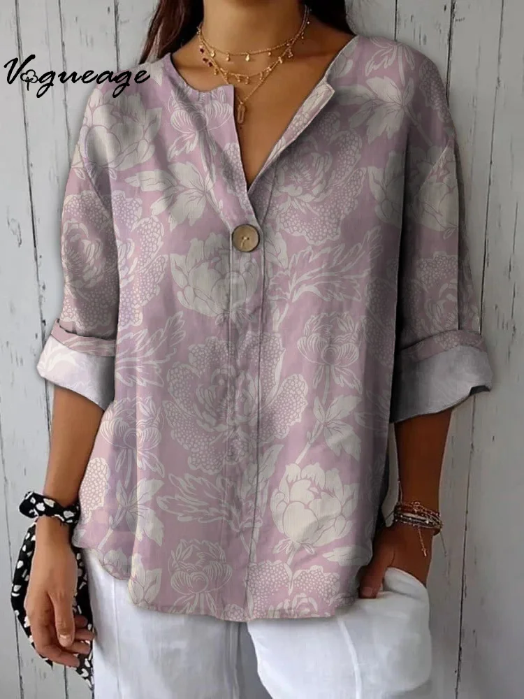 Intellectual All-Match Flowers Printed Cotton And Linen Shirt