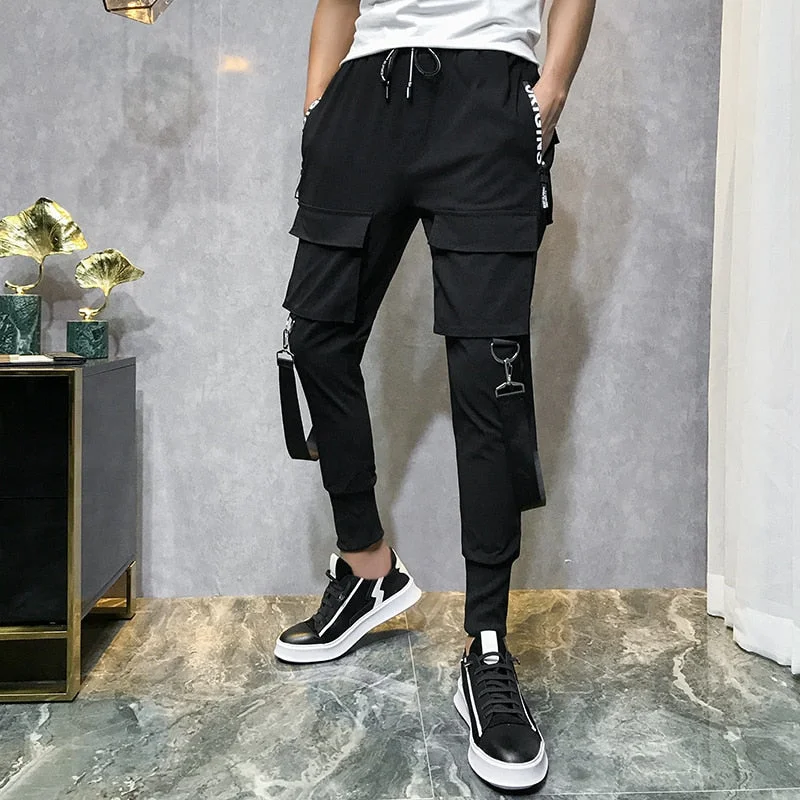 Men's Fashion Pants Streetwear Overalls Black Harem Pants Ribbons Pockets Hip Hop Jogger Pants Casual Pants Trousers 2020 New