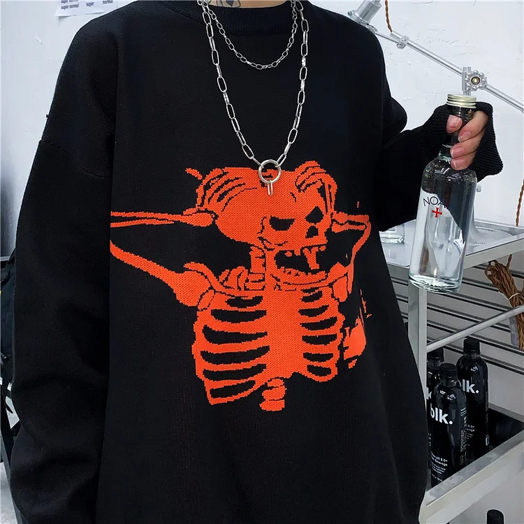 Fashion Solid Color O-neck Orange Skull Jacquard Long Sleeve Knitted Sweater