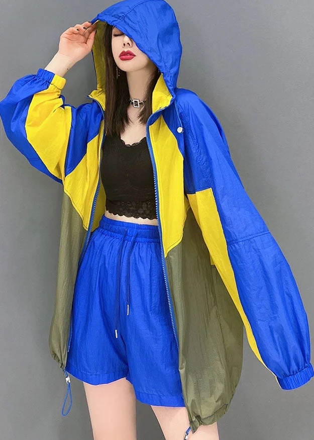 Classy Blue Yellow Hooded Zip Up Patchwork Coats And Shorts Two Pieces Set Summer