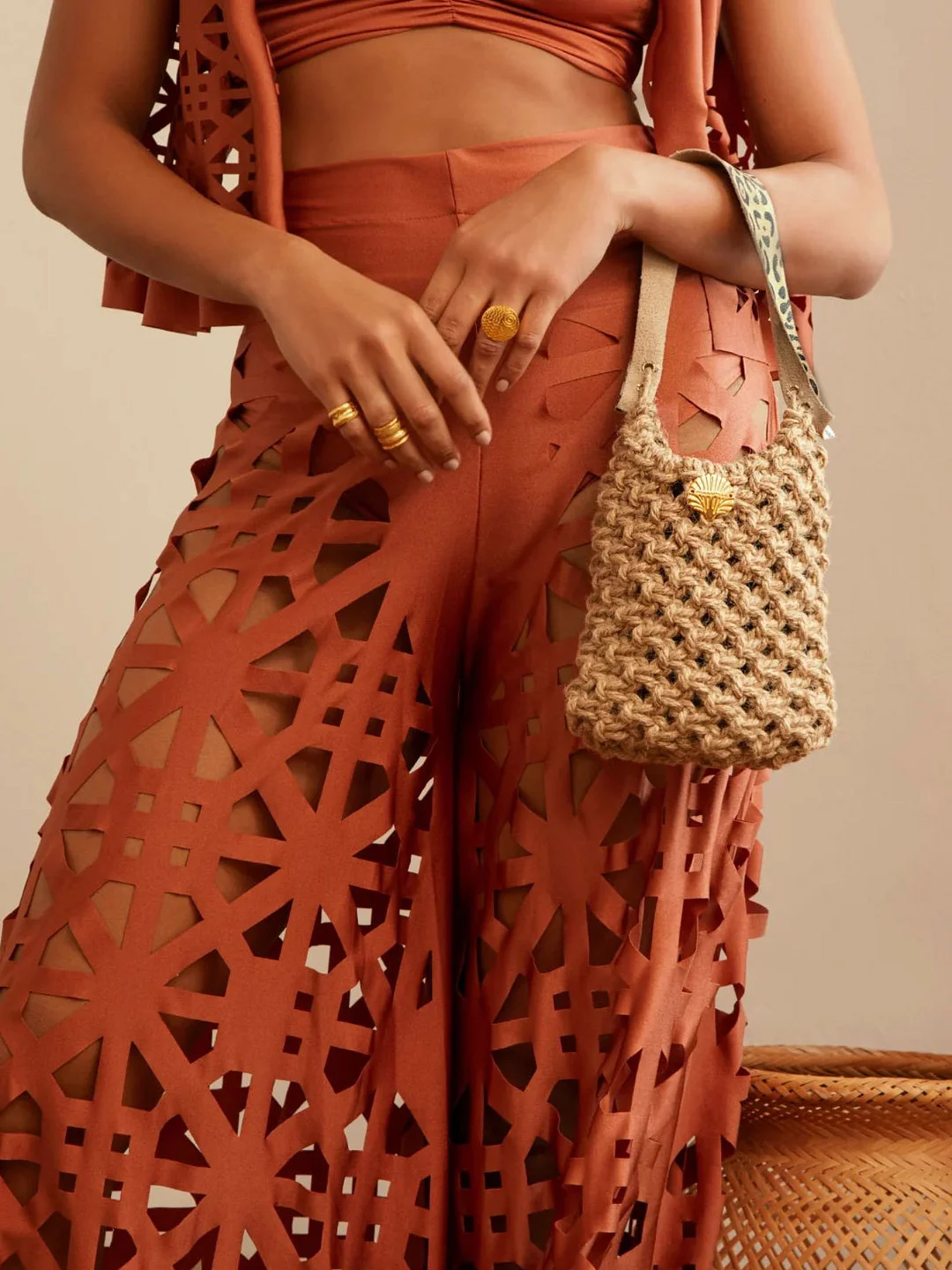 Uveng 2025 New Solid Color Split Beach Pants Set Sexy Net Eye Hollow High Waist Vacation Seaside