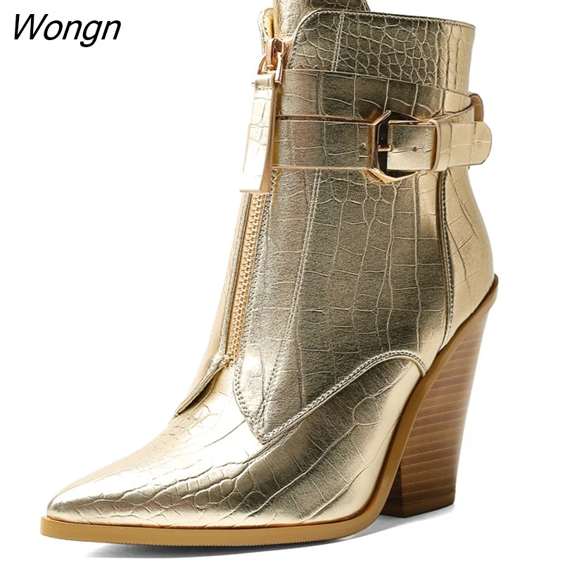 Wongn Pointed Toe Western Cowboy Boots For Women Spring Autumn High Heels Ankle Short Boots Shoes Big Size Golden Bottines Femme