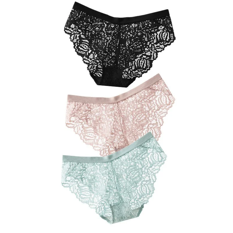 3PCS Sexy Lace Panties Soft Breathable Briefs Women Underwear Ladies Panty Transparent Tempting Low-Rise Cotton Lingerie Solid