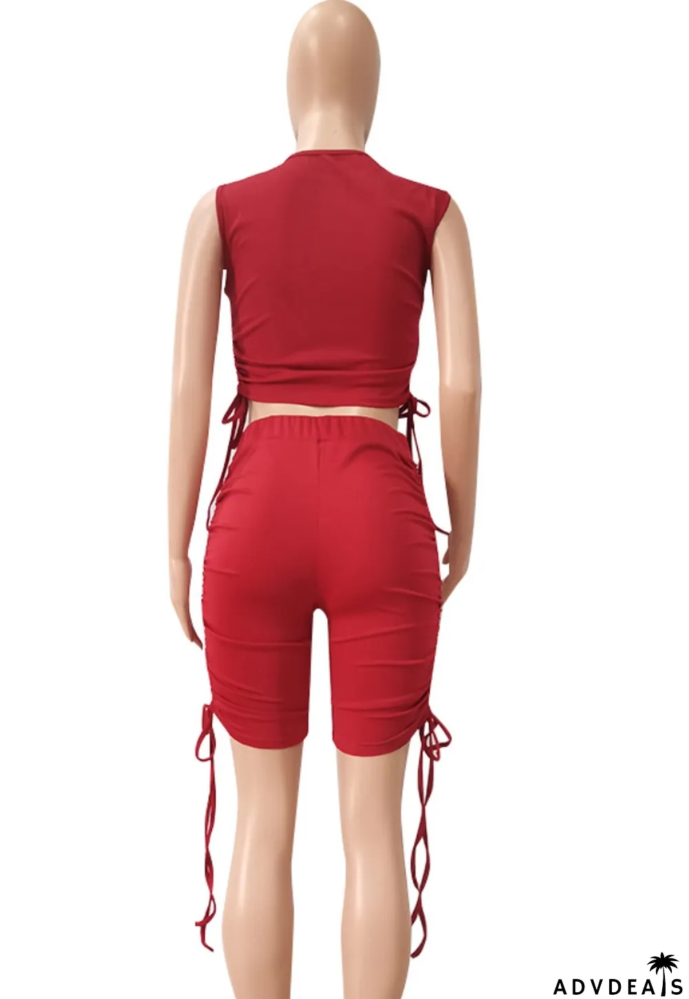 Summer Casual Red Ruched Strings Crop Top and High Waisted Shorts 2PC Matching Set
