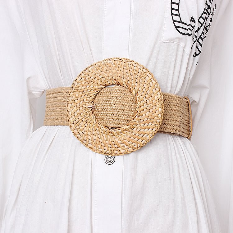 Handmade Woven Belt Big Ring Pin Buckle Straw Woven Elastic Waistband