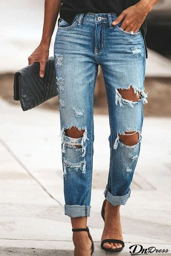 Ripped Cutout Single Button Jeans