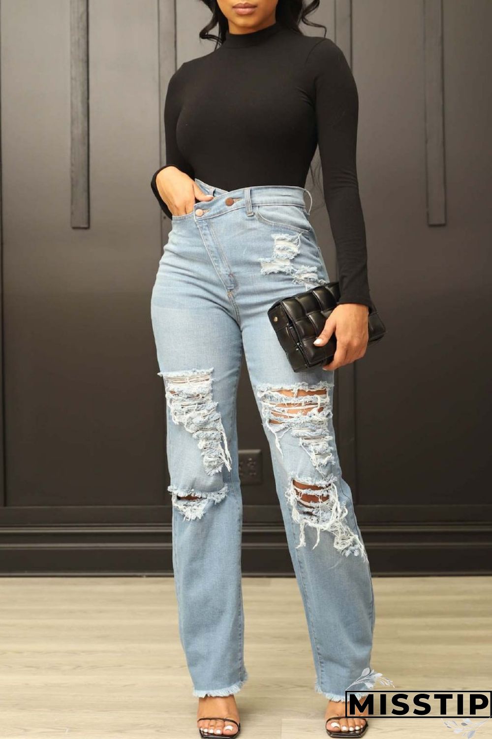 Blue Casual Solid Ripped Patchwork High Waist Regular Denim Jeans