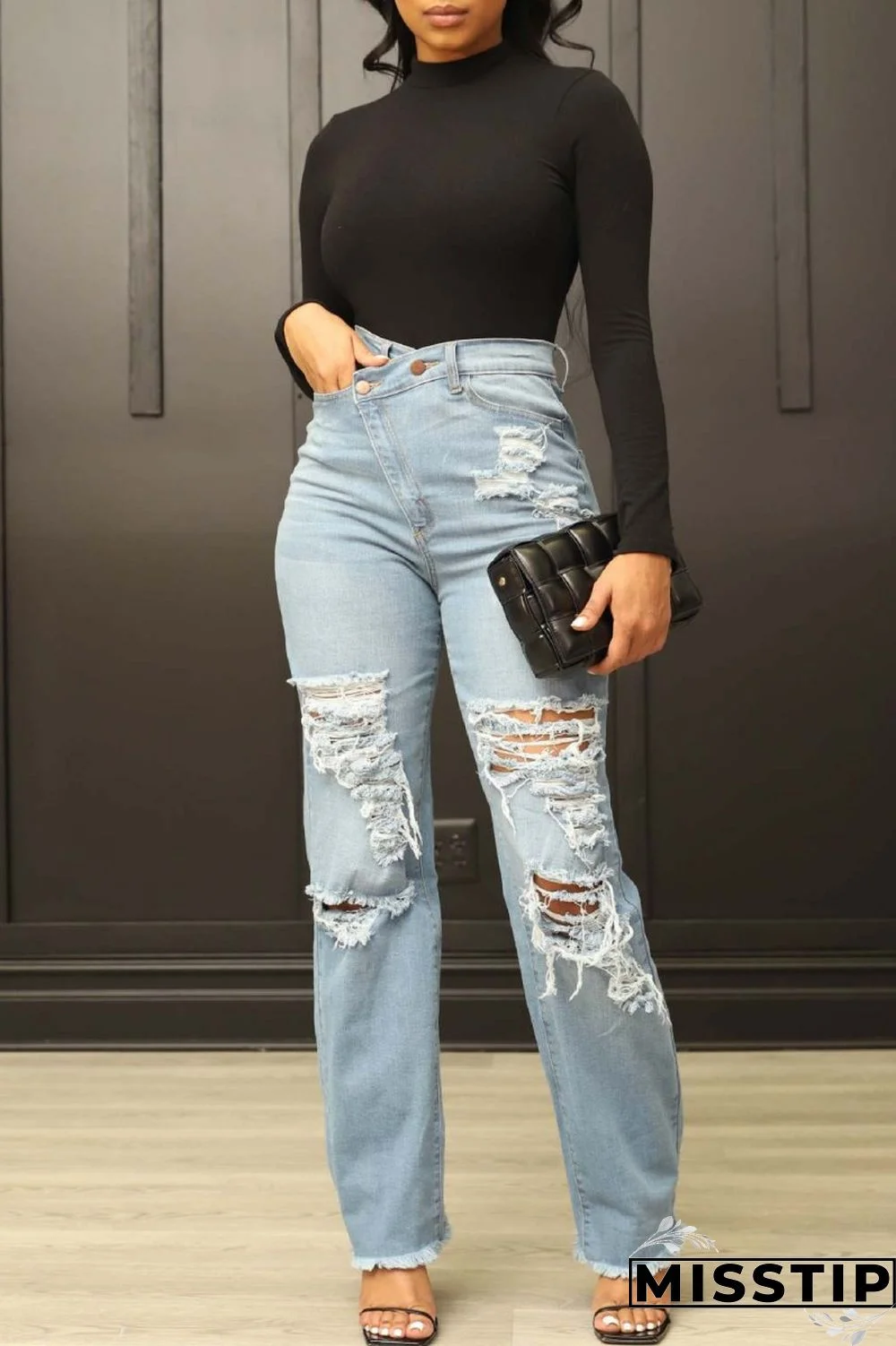Blue Casual Solid Ripped Patchwork High Waist Regular Denim Jeans