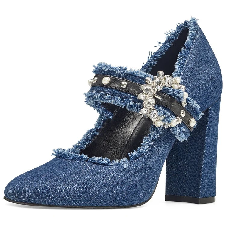 Blue Rhinestone Denim Mary Jane Shoes Round Toe Chunky Heel Pumps |FSJ Shoes