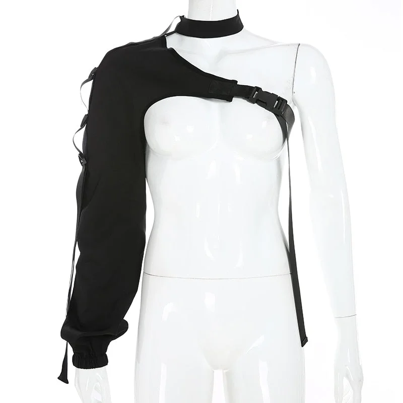 Darlingaga Streetwear Neon Halter Sweatshirt Hoodie Buckle Reflective Smock One Shoulder Women's Sweatshirts Holographic Outwear