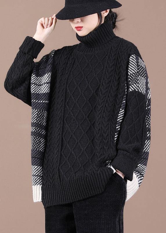 Loose Black Patchwork Fall Knit Sweater