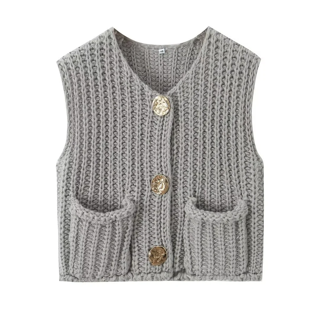 Nigikala Nigikala 2025 Spring And Autumn 2025 New Women's Pocket Sleeveless Short Knitted Cardigan Vest