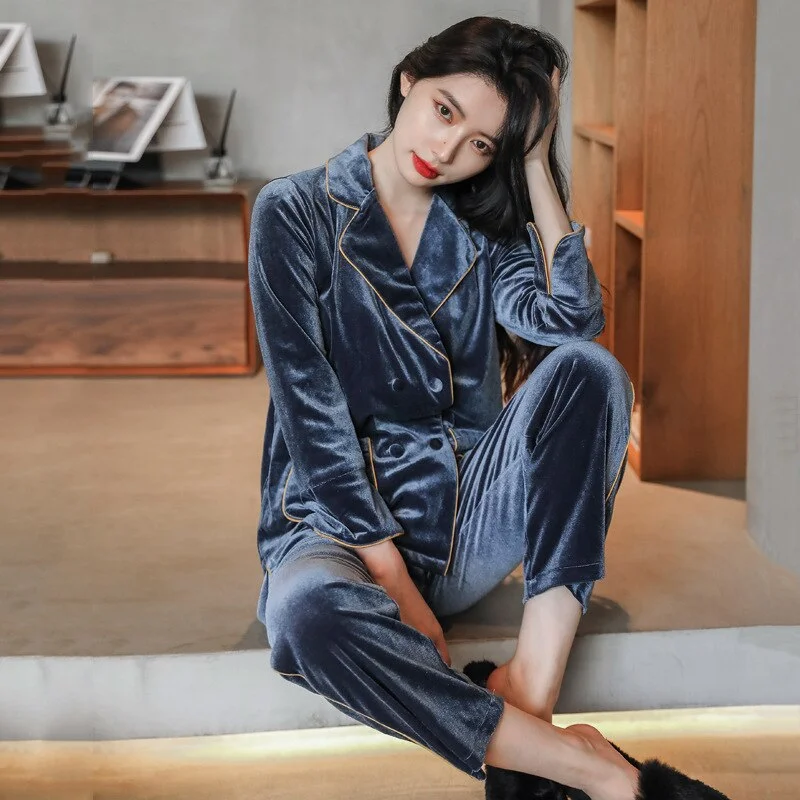 Gold Velvet Pajamas Set Women's New Long Sleeve 2Pcs Nightwear Warm Velour Sleepwear Home Clothes Autumn and Winter Loungewear