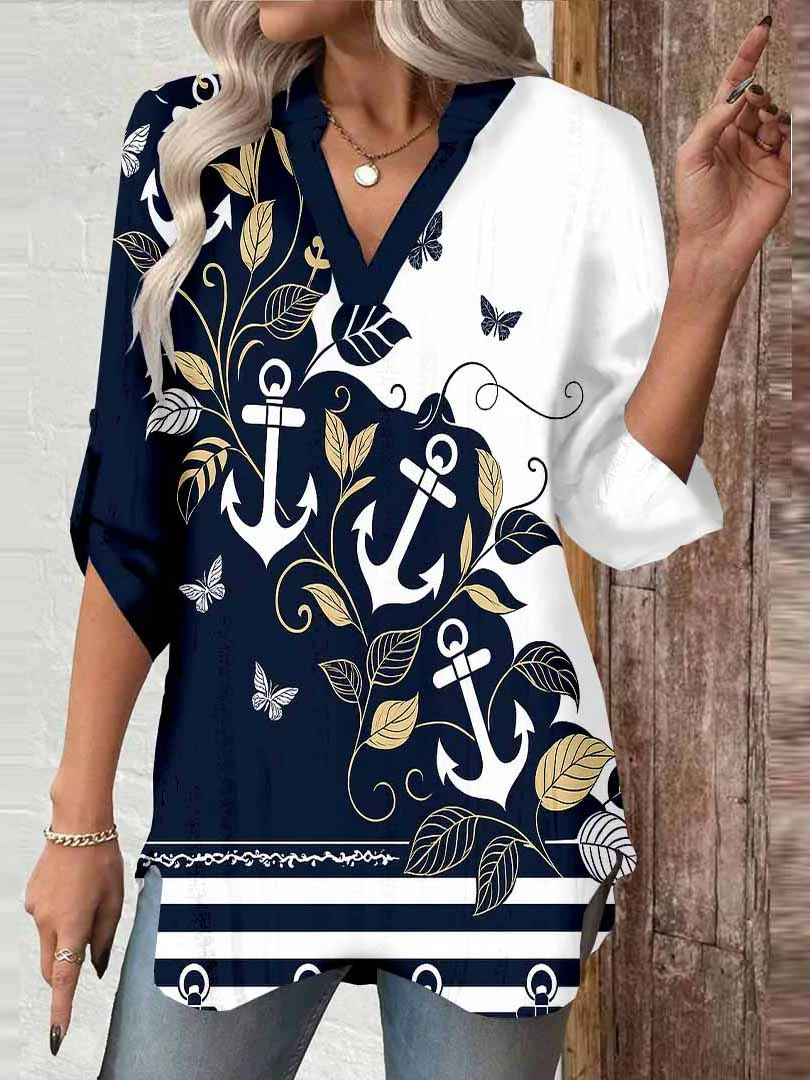 Women Floral,Black,Anchor DZGA0796 3/4 Sleeve V-neck Printed Graphic Button Tops