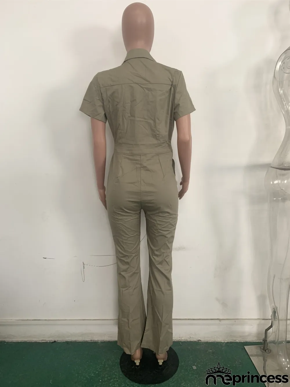 Summer Khaki Casual Button Up Collar Jumpsuit