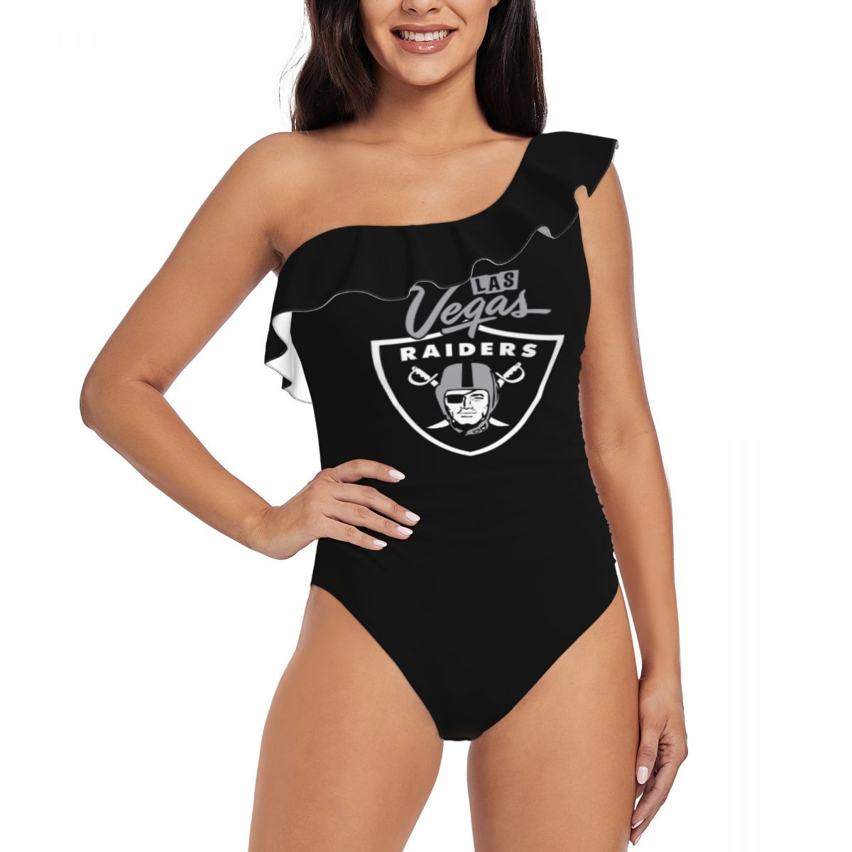 Las Vegas Raiders Black One Shoulder Ruffle Bathing Suit