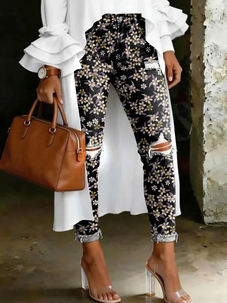 Women's Fashion Ethnic Floral Artistic Print High-waisted Skinny Ripped Casual Jeans