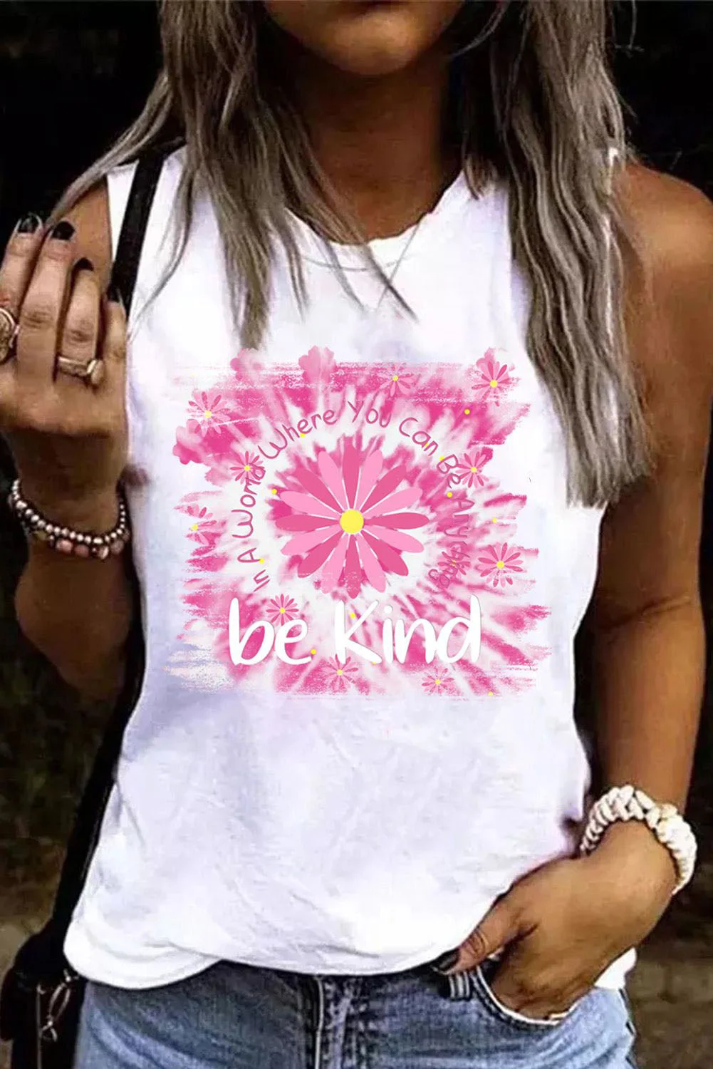 Pink Gerbera Tie Dye Sleeveless Tank Top