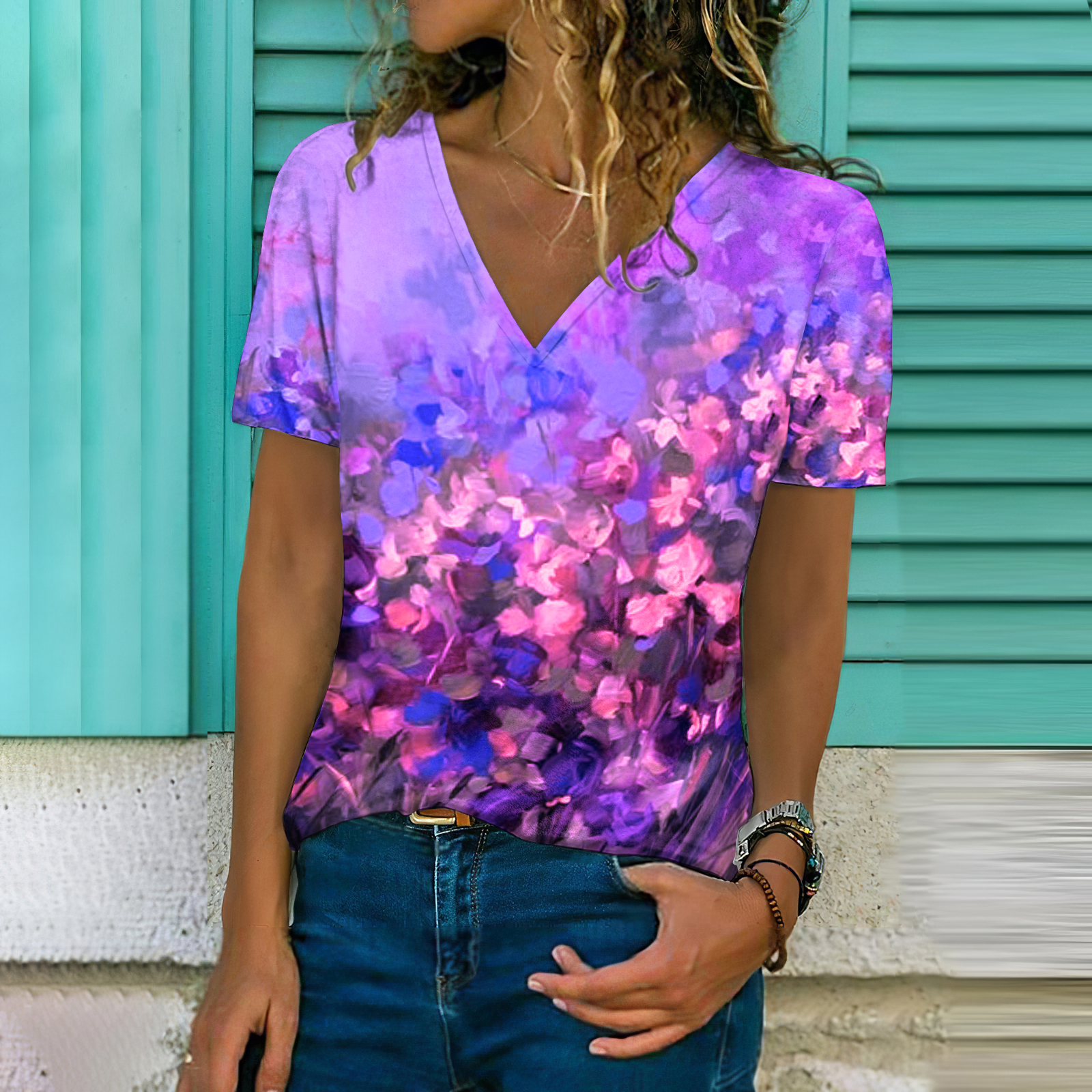 Oil Painting Print V-Neck Short Sleeved T-Shirt wearshes