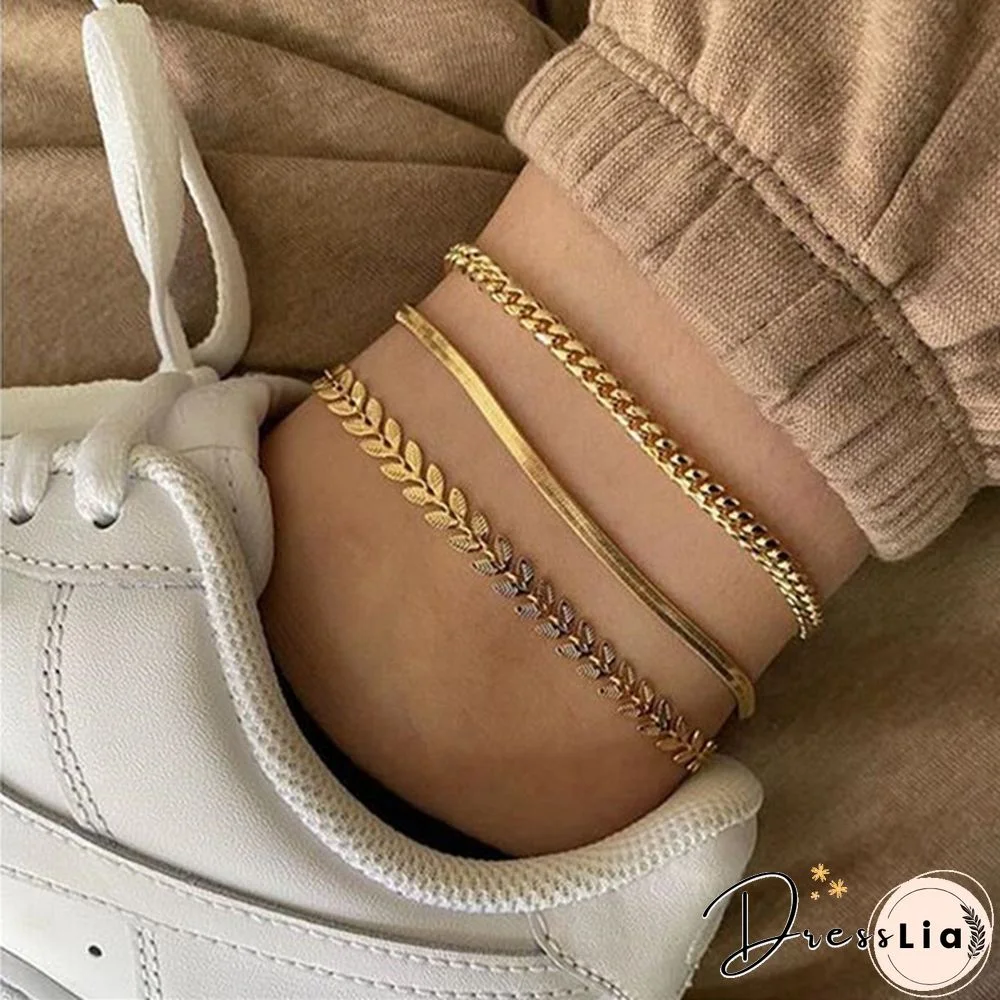 3Pcs Vintage Boho Minimalist Leaves Anklets Ladies Beach Party Ankle Bracelet